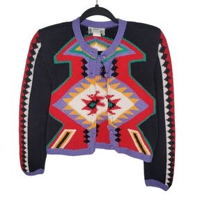 Vintage 90s Chompas Southwestern Abstract Peruvian Hand Made Cardigan Sweater